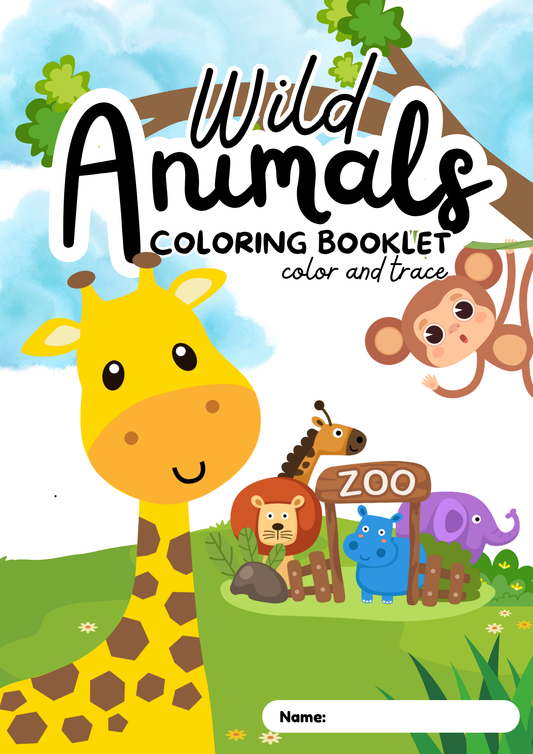 Wild Animals Coloring & Tracing Booklet for Kids – Printable PDF